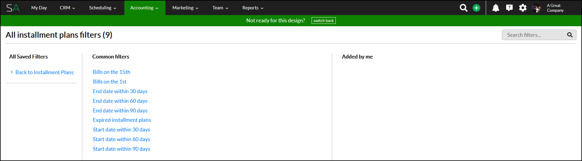Installment Plans Screen - Filters