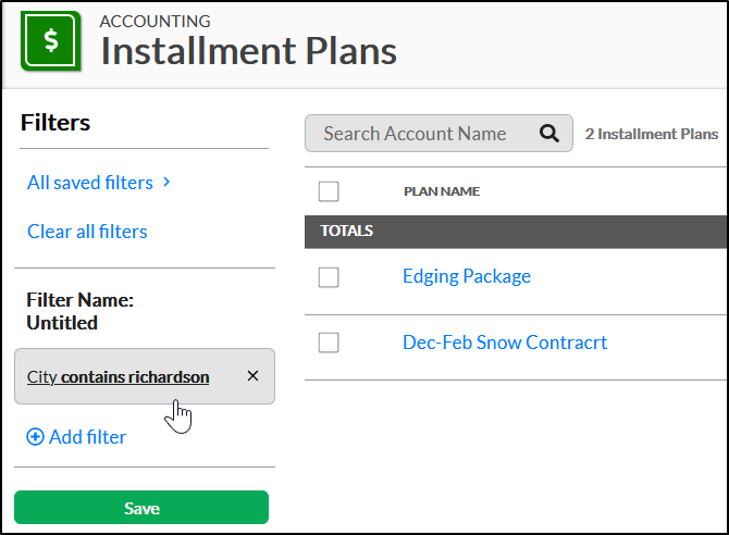 Installment Plans Screen - Filters